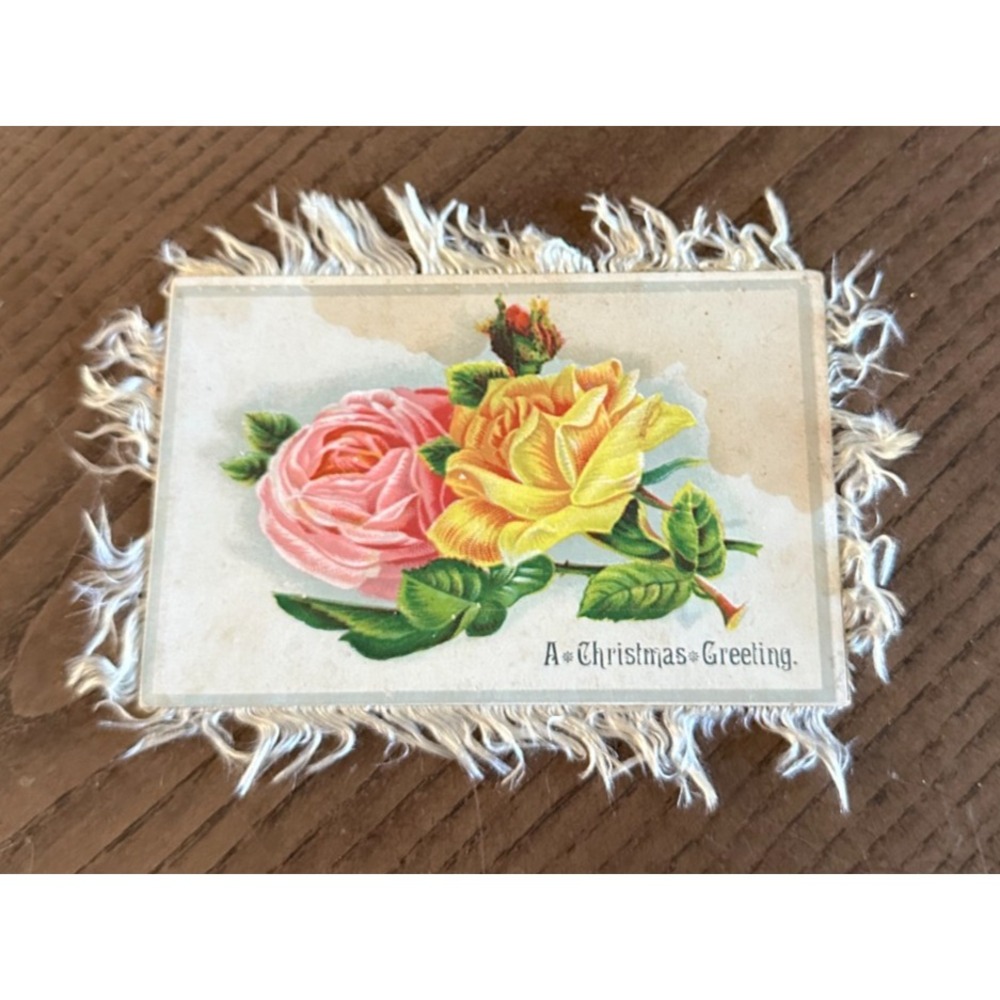 Antique Victorian Christmas New Year Floral Greeting Card, Fringe, Double Sided
